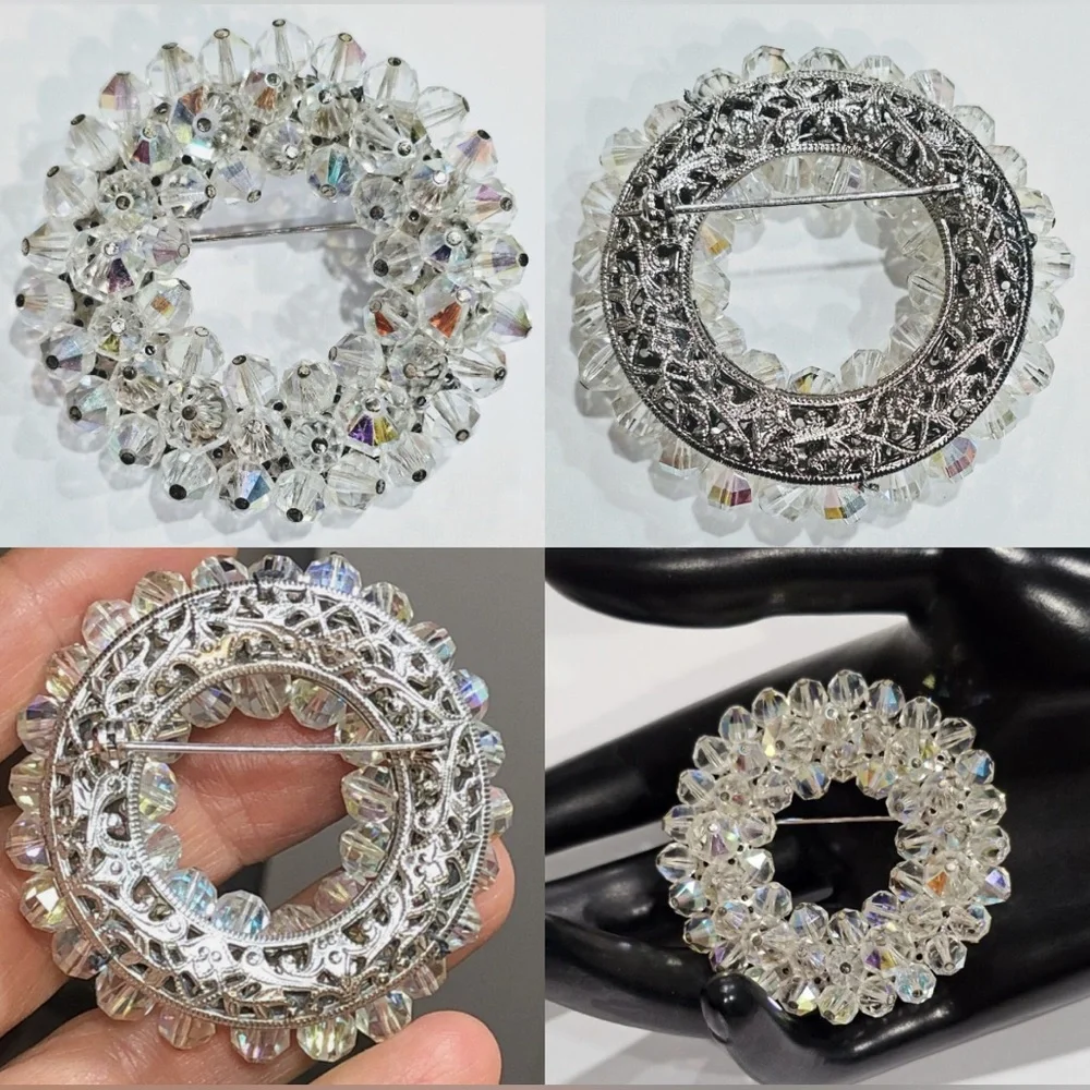 Vintage Clear Round Aura Borealis Crystal Silver Brooch
